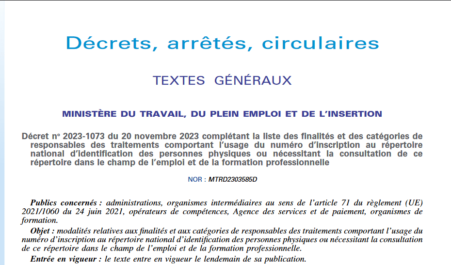 Capture partielle du décret permettant la collecte du RNE dans le champs de l'emploi et de la formation professionnelle.