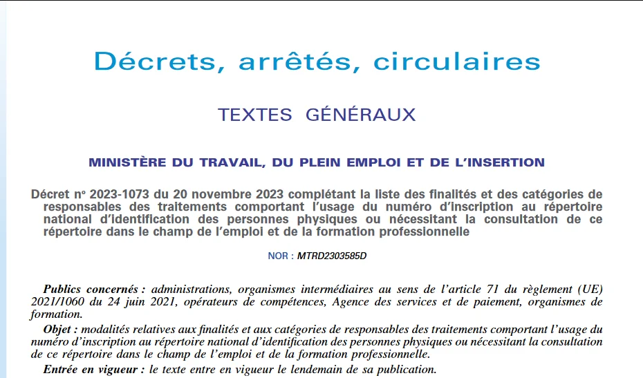 Capture partielle du décret permettant la collecte du RNE dans le champs de l'emploi et de la formation professionnelle.